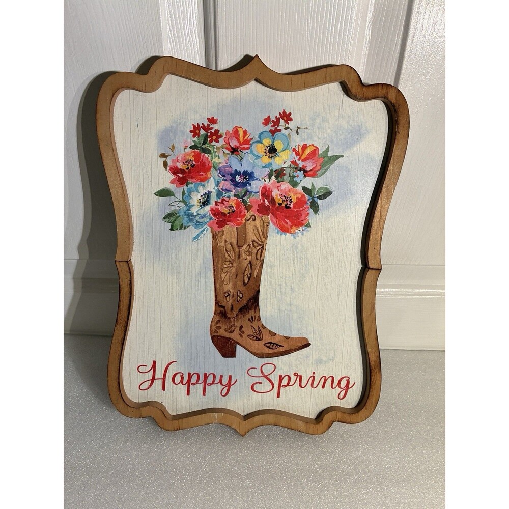 Pioneer Woman Picture W/ HAPPY SPRING And Cowboy Boot & Flowers. Wood 10”x13”